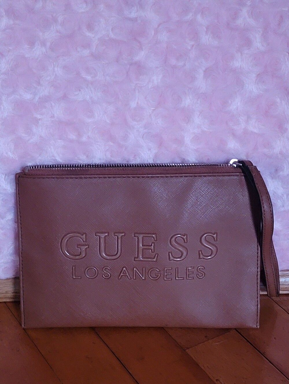 GUESS Brown Embossed Los Angeles Leather Toiletry Pouch
